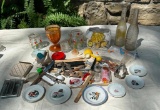 VINTAGE BOX LOT INCLUDING CHILD'S DISHES, GLASSWARE, MUSHROOM PLANTER, SODA BOTTLES & MORE