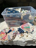 LARGE TOTE FULL OF VINTAGE QUILT BLOCKS VARIOUS PATTERNS, QUILT PCS AND MATERIAL