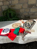 LOT OF MISC VINTAGE MATERIAL & MORE INCLUDING TABLE COVERINGS, OLD FELT, GARTER & +