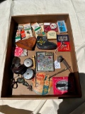 FLAT LOT OF VINTAGE ADVERTISING ITEMS, SMALL OIL CAN, BOTTLE OPENER AND MORE