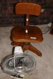 Solid Oak Antique desk, Chair, and a fan