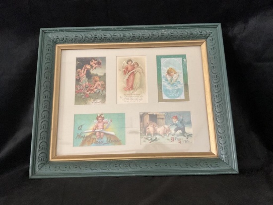 VINTAGE FRAMED POSTCARDS CHRISTMAS, HAPPY NEW YEAR & MORE