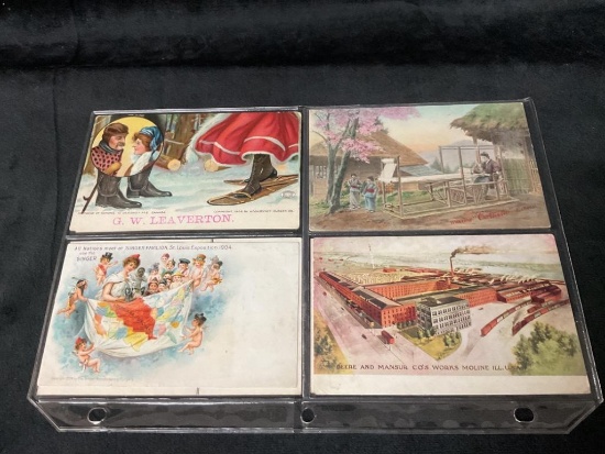 SLEEVE OF VINTAGE POSTCARDS INCLUDING SINGER ST LOUIS EXPOSITION 1904, DEERE MOLINE 1907 & MORE