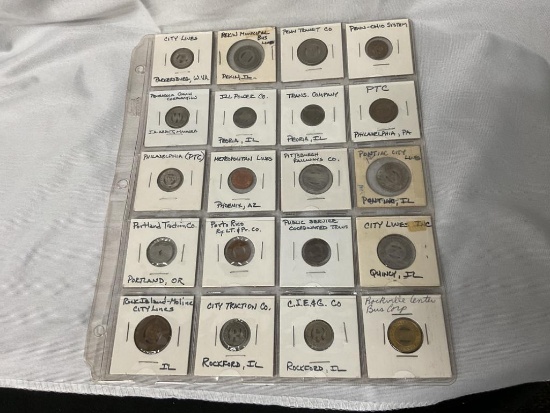 VINTAGE LOT OF TRANSPORTATION TOKENS INCLUDING RAILWAY, BUS & MORE