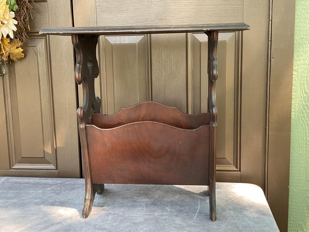 VINTAGE WOOD END TABLE MAGAZINE RACK Proxibid
