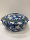 BLUE AND WHITE SPONGED BOWL WITH LID-NO SHIPPING