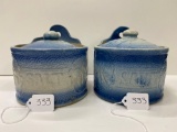 PAIR OF BLUE AND WHITE SALT CROCKS WITH LIDS-NO SHIPPING
