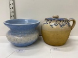 BLUE AND WHITE SPITTOON AND BLUE SPONGED BEAN POT WITH LID-NO SHIPPING