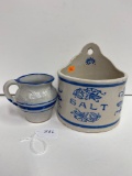 SALT CROCK AND SMALL BLUE AND WHITE PITCHER-NO SHIPPING