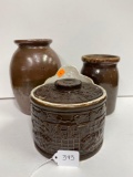 TWO BROWN STONEWARE JARS AND ONE UHL SALT CROCK-NO SHIPPING