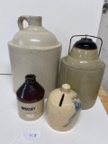 4 PIECES-ONE GAL JUG, CANNING JAR, MERCURY JUG AND BANK-NO SHIPPING