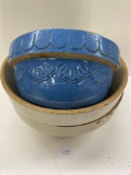3 STONEWARE BOWLS-2 WHITE AND ONE MED SIZE LINCOLN DRAPE-NO SHIPPING