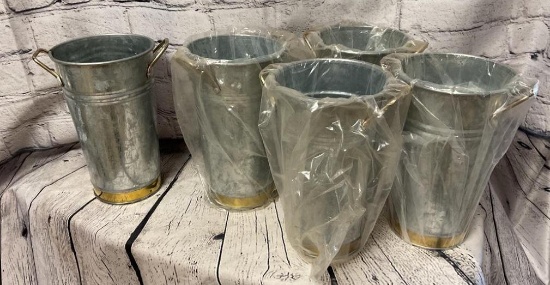 LOT OF 5 GALVANIZED DECORATIVE BUCKETS 9 INCHES TALL
