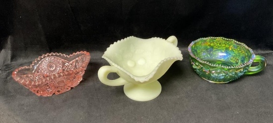 LOT OF 3 CUT GLASS & FENTON CUSTARD BOWL W/ HANDLES - GLOWS HAS SOME BLACK RUB MARKS
