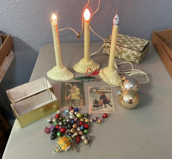 VINTAGE CHRISTMAS GROUP TINY GLASS ORNAMENTS, POSTCARDS & MORE