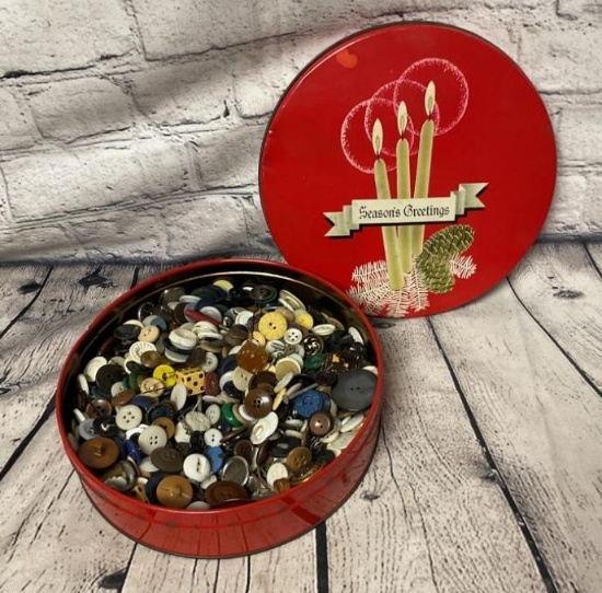 VINTAGE SEASONS GREETING TIN FILLED W/ OLD BUTTONS