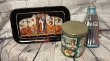 COCA-COLA TRAY, METAL CONTAINER & TIN FILLED W/ PUZZLE