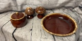 HULL OVEN PROOF BROWN PIE PLATE, MUSHROOM SALT & PEPPER SHAKERS & SUGAR BOWL