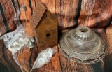 METAL DECORATIVE BIRDHOUSE CANDLEHOLDER , PORCELAIN KNOBS, CANDLE SNUFFER & LAMP GLOBE