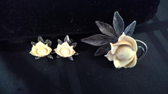 White Ivory Rose Pin & Earrings from Ming's