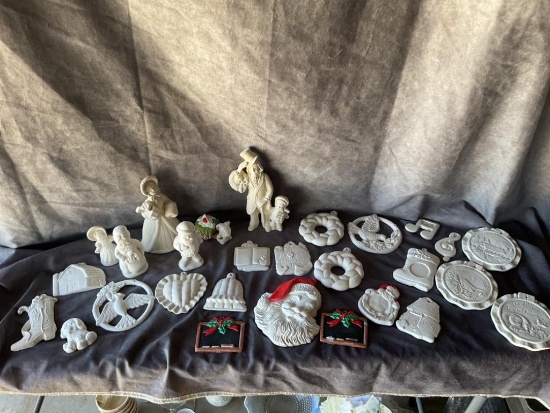 FLAT OF FIRED UNPAINTED OR UNFINISHED VINTAGE CERAMIC PCS. CHRISTMAS & MORE