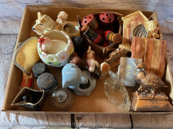 ASSORTED KNICK KNACKS CERAMIC DOGS, DUCKS, BOTTLES AND MORE