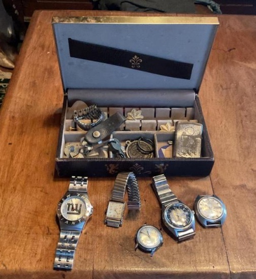 LOT OF WRIST WATCHES, CARAVELLE, TIMEX, CLINTON, STELLARIS, JEWELRY BOX AND CONTENTS