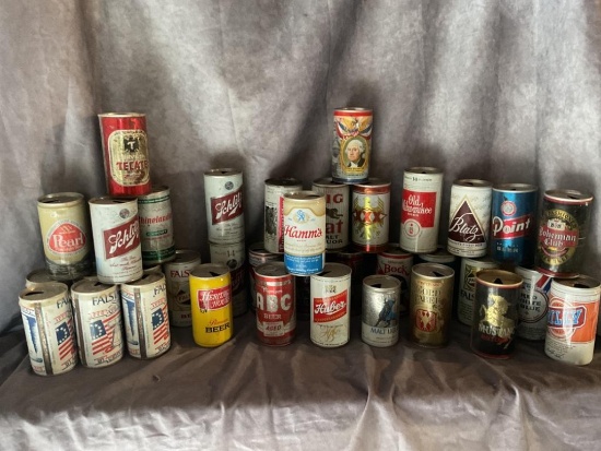 GROUP OF VINTAGE EMPTY BEER CANS INCLUDING BIG CAT, XXX, MUSTANG & MORE