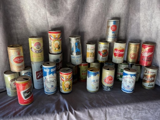 GROUP OF VINTAGE BEER CANS FYFE & DRUM, BUCKHORN, HUBER & MORE