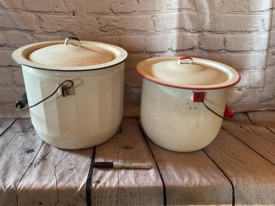 VINTAGE WHITE ENAMEL CHAMBER POTS