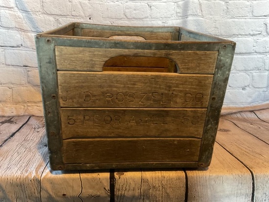 ANTIQUE J D ROSZELL CO PEORIA IL WOOD MILK CRATE