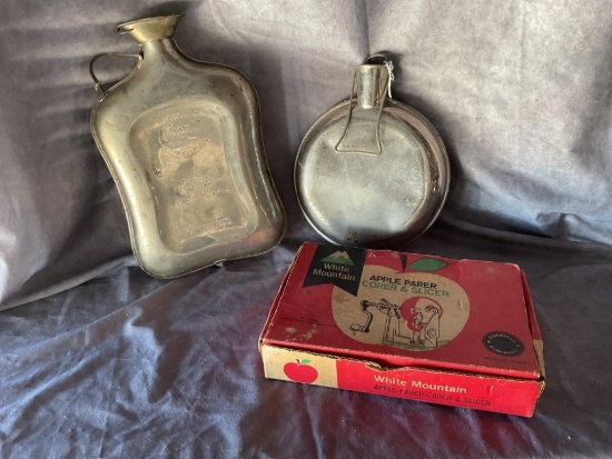 VINTAGE 1915 MEINECKE BED WARMER SALINE SOLUTION HEATER, WHITE MOUNTAIN APPLE PARER CORER IN BOX &