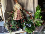 2 TUBS FULL OF CHRISTMAS & FALL DECORATIONS INCLUDING UNUSED RIBBON AND MORE