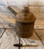 SMALL VINTAGE METAL GAS CAN. 8 INCHES TALL