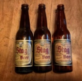 3 VINTAGE STAG BEER BOTTLES. 1938. NICE LABELS