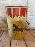 VINTAGE HANDLED BUCKET, CAN, HORSE, MERRY GO ROUND PATTERN