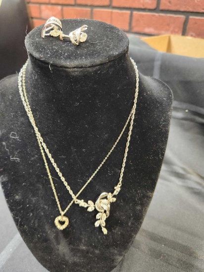 Sterling Silver Necklace & Earring Set & Vintage Heart Necklace