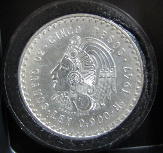 1947 MEXICAN 5 PESOS SILVER AZTEC CHIEFTAIN CUAHTEMOC