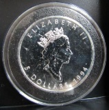 1994 CANADA QUEEN ELIZABETH II 5 DOLLARS 1 OZ. FINE SILVER