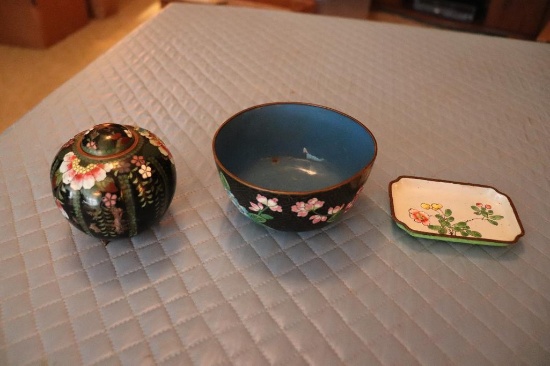 (3) Misc.Cloisonne- Small Bowl, Incense Burner, Small Tray,