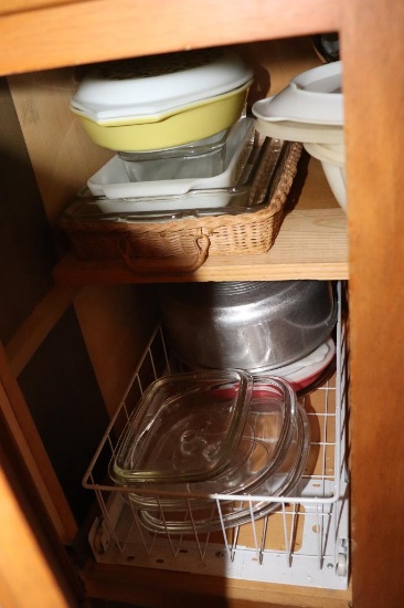 Contents of cabinets including pie pans, casserole dishes, Pyrex, etc.