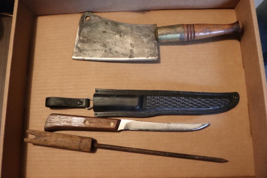Flat of knives, knife sharpener and meat cleaver