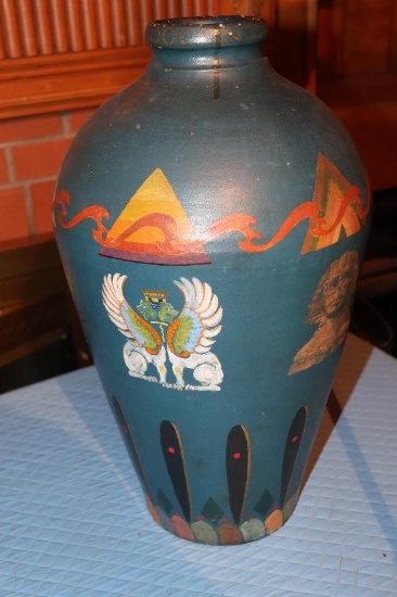 Vintage Stoneware Vase With Hand-Painted Egyptian Motif