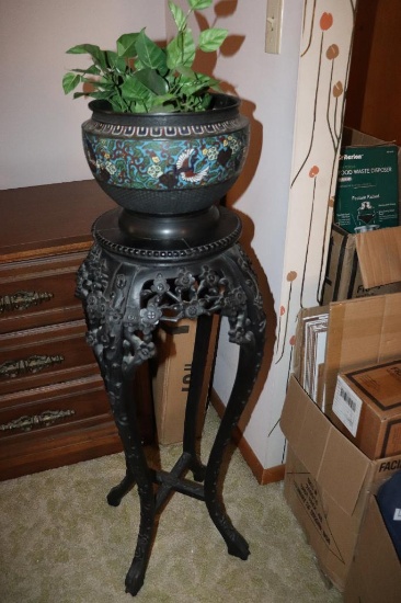 Antique Hand-Carved Wooden Plant Stand and Cloisonne Planter