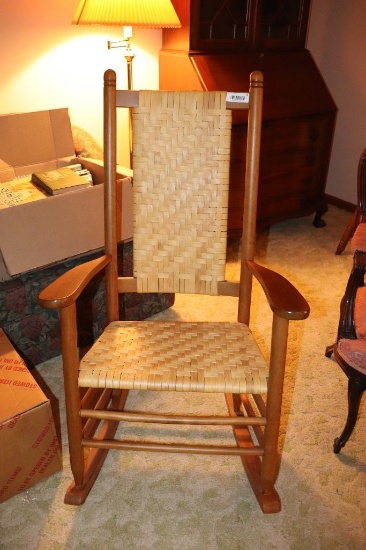 Antique Wooden Rocker With Rush Woven Seat and Back