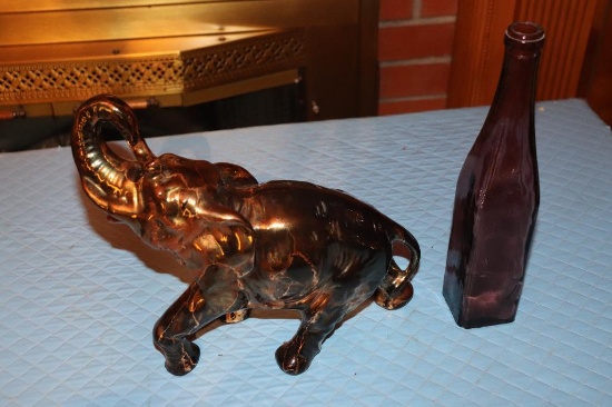 Old Ceramic Elephant and Purple Glass Bottle