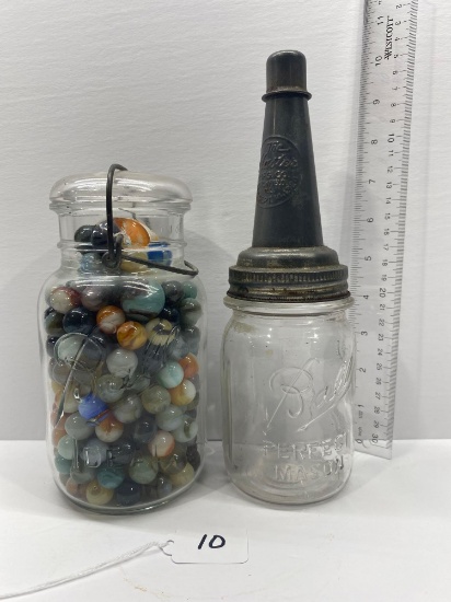 MASON JAR WITH MARBLES AND MASON JAR WITH OIL SPOUT