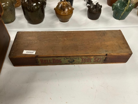 S . Norvells Bull Dog Tool Set wood box and contents