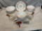white w/red enamel strainer, mixing bowls & utensils