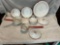 white w/red enamel bowls, pans w/lids, & ladle
